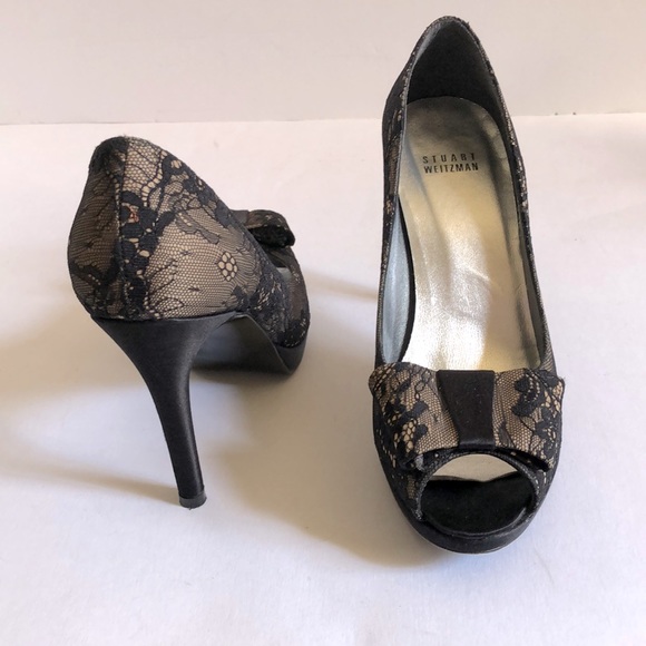 Stuart Weitzman Satin & Lace Peep Toe Pumps - Picture 4 of 9